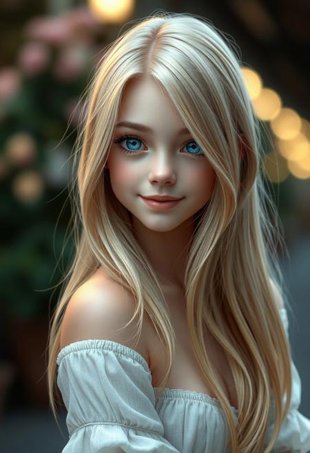hyperrealistic digital painting by J. Scott Campbell and Thomas Saliot and Jeremiah Ketner and Lois van Baarle, lifelike anime, incredibly detailed, bokeh, ultra realistic, 8k, photoshoot, adorable Swiss teenager's body, blouse, Beautiful girl, cute girl, 18 years old, long blonde hair, blue eyes, angelic look, shy, happy, smiling, petite body, small skimpy clothes, full body image