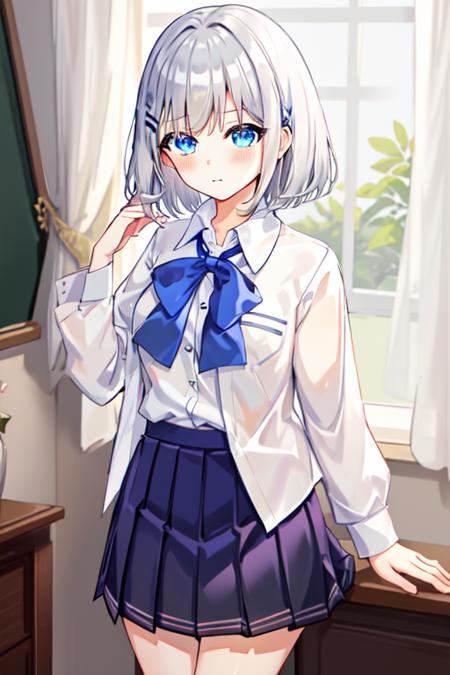 yuanyizhezhi, 1girl, hair ornament, blue eyes, solo, school uniform, hairclip, looking at viewer, long sleeves, indoors, white shirt, pleated skirt, neck ribbon, blush, collared shirt, silver hair, short hair, blue skirt, bangs,   <lora:yuanyi:0.5>