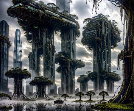 "An abandoned futuristic city slowly reclaimed by nature, colossal sci-fi skyscrapers crumbling under the weight of massive, twisted vines and glowing bioluminescent plants. Cracked metallic structures covered in moss, shattered glass towers overtaken by enormous tree roots, alien flora blossoming through rusted machinery. Mist floats between the ruins, casting ethereal light beams through broken ceilings. Hyper-realistic textures: oxidized metal, damp stone, glistening foliage, reflective water puddles. Wide-angle cinematic view, deep atmospheric perspective, extreme detail, hyperrealism, hauntingly beautiful mood."