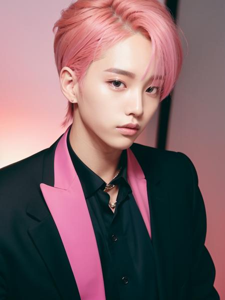 close-up portrait of a man , (black blazer:1.1), (pink hair:1.2), kpop boy, <lora:Kpop Boy:0.7>