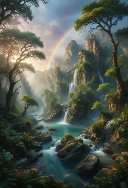 In this fairy tale-inspired landscape rendered in stained glass style, envision majestic mountains rising like enchanted castles into the pastel-hued sky, their peaks crowned with glistening snow that sparkles like diamonds in the morning light. A crystal-clear river meanders through the valley, its waters imbued with a magical iridescence that reflects the colors of the sky and the lush greenery of the ancient trees lining its banks. Wisps of ethereal mist dance among the trees, weaving spells of enchantment throughout the landscape. Birds with rainbow-colored plumage flit between branches, their melodic songs adding to the enchantment of the scene. In the distance, a cascading waterfall tumbles from a sheer cliff, its crystalline waters forming a rainbow bridge that arcs across the river. This fantastical panorama, with its vibrant colors and whimsical details, transports viewers to a world of wonder and imagination, where every corner holds the promise of adventure and magic.