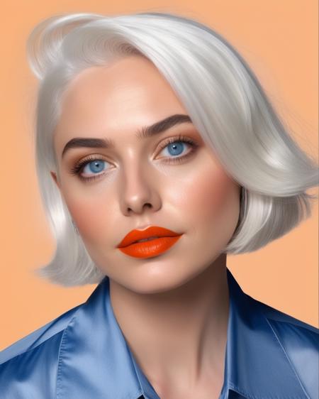 A hyper-detailed portrait of a woman with tulip red lips and striking blue eyes. She has a sleek bob-cut hairstyle in a nearly silver-white color (white-silver hair:1.5). She is wearing a vibrant deep V-neck shirt in clear azure blue (azure blue shirt:1.5). Her teeth are perfectly whitened, gleaming with a movie-star style and a natural, radiant finish (perfectly whitened teeth:1.5). Her skin features ultra-realistic textures, including subtle pores, soft natural highlights, and delicate imperfections that enhance her beauty while avoiding an overly plastic look. The background is a vivid pastel orange gradient (pastel orange background:1.5), dominating the scene and creating a harmonious contrast with the blue shirt. Professional magazine-quality visuals with soft, flattering lighting.
