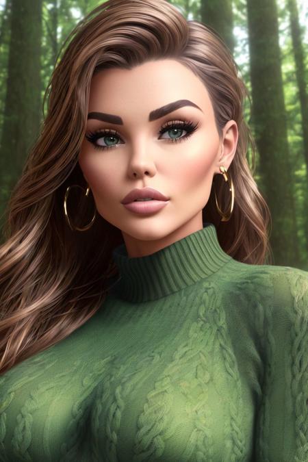 closeup portrait of (S088_PaigeBritish:0.9), a stunning woman, in a (forest:1.2), wearing a (high-collar-sweater:1.2), (8k, RAW photo, best quality, DOF, ultra high res:1.2), (absurdres, intricate, photorealistic, masterpiece, ultra-detailed, Unreal Engine:1.3)