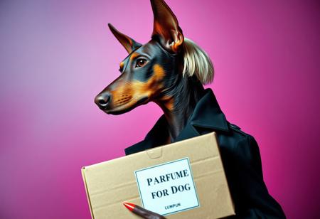 An anthropomorphic brown Dobermann dog with soft, long, natural ears and a blonde bobcut with long hair in the back, wearing a black trenchcoat, depicted in profile, side view. The dog is holding a cardboard box labeled ‘Parfum for Dogs’ in a surreal and avant-garde fashion illustration style. The scene features a turquoise silver grunge aesthetic against a gradient magenta and teal background. The setting includes vivid colors, filigree details, and photorealistic rendering. The lighting is moody chiaroscuro, enhanced by the visual distortion of fisheye cinema prime lenses (9mm) and noir film-style color correction