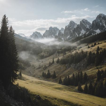 raw photo, 8k uhd, dslr, high quality, (best quality: 1.1), (masterpiece: 1.4), (realisitc: 1.2), (absurdres: 1.2), (photorealistic: 1.3), (great photography  in a valley,very high snowmountains),lab color,scenery, outdoors,grass, sky,((strong sunlight)), view from sky,((layerd haze in forests)), landscape,peaceful scene,  <lora:ins-lab:0.8>
