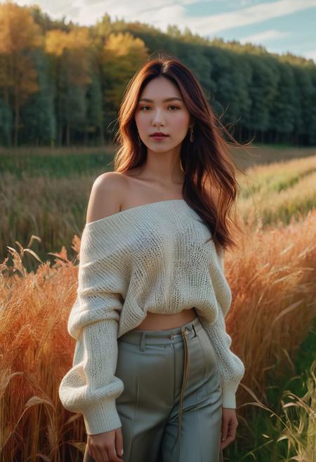 Beautiful woman, soft lighting, dreamy atmosphere, ethereal, high detail, portrait, elegant, delicate features, pastel colors, emotional expression, masterpiece, 8k resolution, Extremely high-resolution details, photographic, realism pushed to extreme, fine texture, incredibly lifelike, looking at viewer, solo focus, realistic, photorealistic, cleavage, thin waist, off shoulder swater, oversize sweater, field grass, maple trees, golden hour, film grain, 1girl,