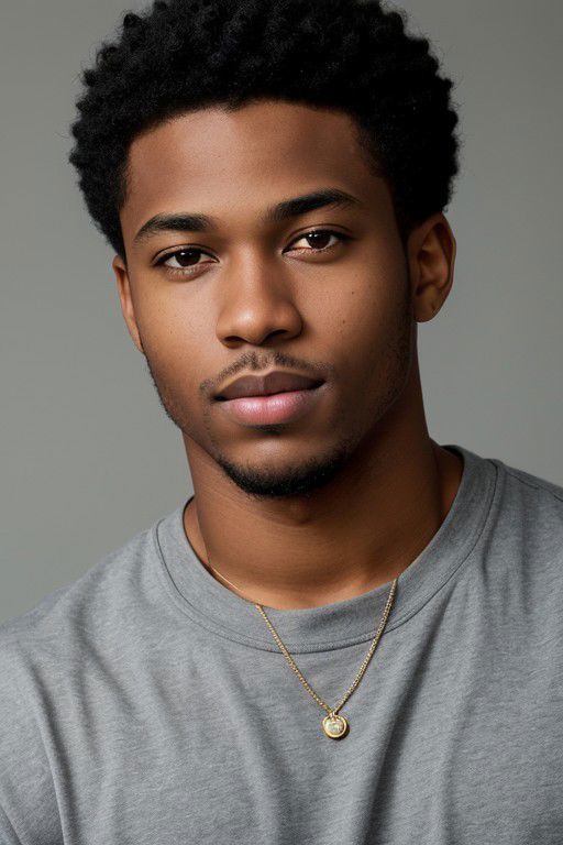 young man, african american male, very real, ultrarealistic, portrait close up pov. gray background, short hair side part ...