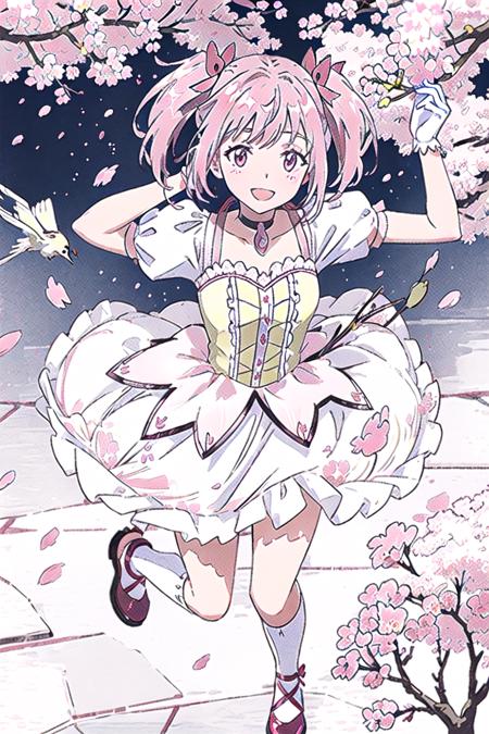 sunshine, windy, cherry blossoms, cherry blossom garden, aesthetic, intricate, sharp focus, best quality, extremely detailed,1girl, solo, from above, BREAK Madoka Kaname, (detailed shiny_anime_style_eyes), flat chest, extremely detailed textures, laughing, (running in a cherry blossom garden), casual pose,  posing <lora:MadokaKaname:1>