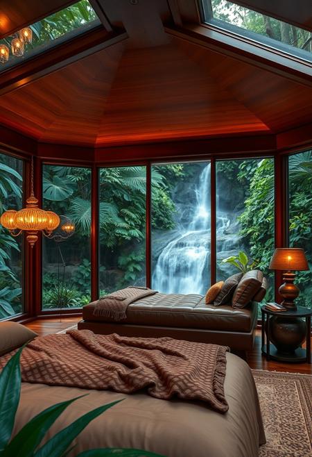 A stunning ultra modern bedroom scene situated on the edge of a waterfall in a lush green tropical forest, bedroom is furnished in lush brown leather tones, rich wood, ornate glass lamps with warm inviting lighting, large windows let in natural light and provide a stunning view of the waterfall outside
