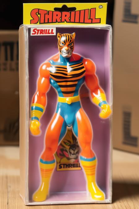 <lora:1987 Action Figure Playset Packaging:1>1987 Action Figure Playset Packaging - 1975s packshot of superhero figure named 'Tiger Shrill' standing in his cardboard box packaging, box front is made of transparent plastic