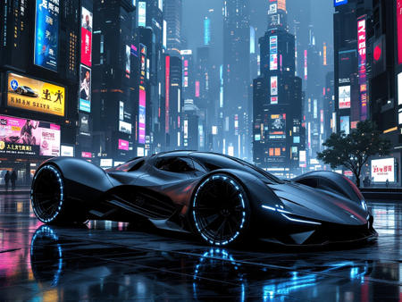 car but looks like Spaceship style cyberpunk supercar vehicle, in dark red and shiny gold color, the background is cyber city, massive wheels