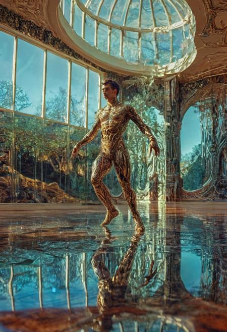 appears trapped in an optical illusion of reflections and refractions. 3d abstract landscape, gentleman dancer natural lighting, volumetric lighting maximalist. intricately detailed, complex, elegant, expansive, fantastical, film photography style,  medium grain, FRESHIDESH Moebius comic book
