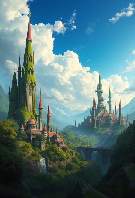 Landscape of a futuristic high fantasy elvish metropolis reminiscent of a steampunk rivendell set in a lush magical forest with tall towers breathtaking colours, detailed sky with greenery and flowing water. The scenery is flowing with life and serenity