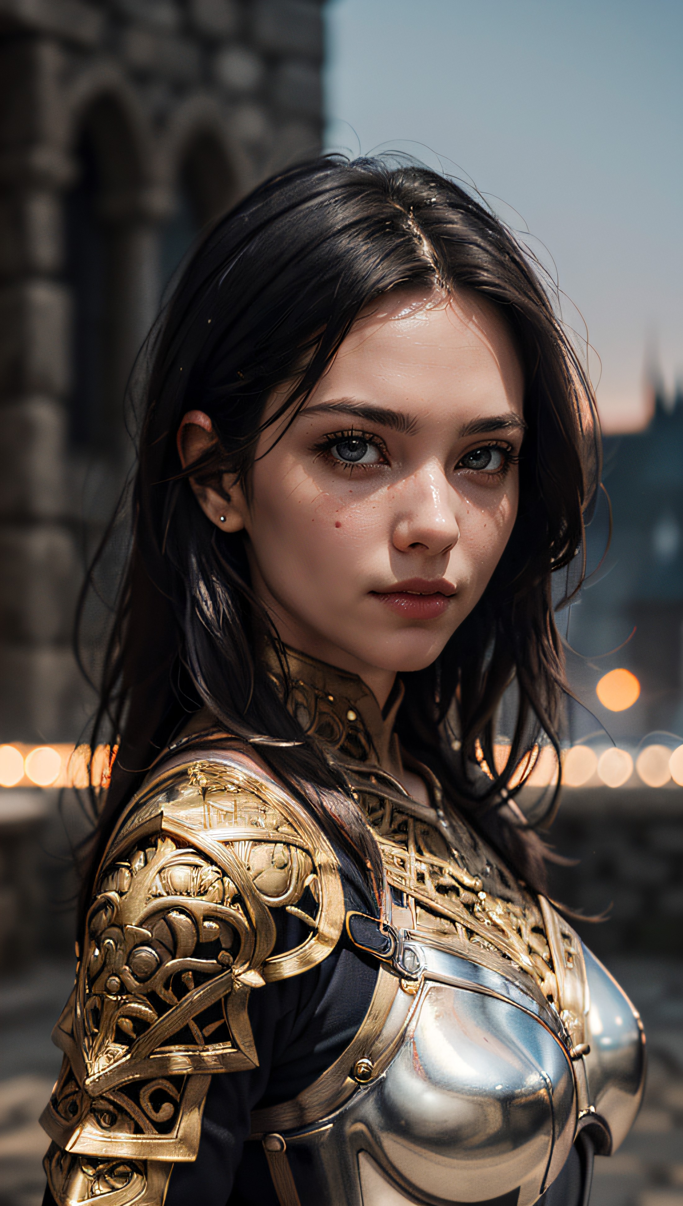 Portrait of a girl, the most beautiful in the world, (medieval gold armor), metal reflections, upper body, outdoors, inten...