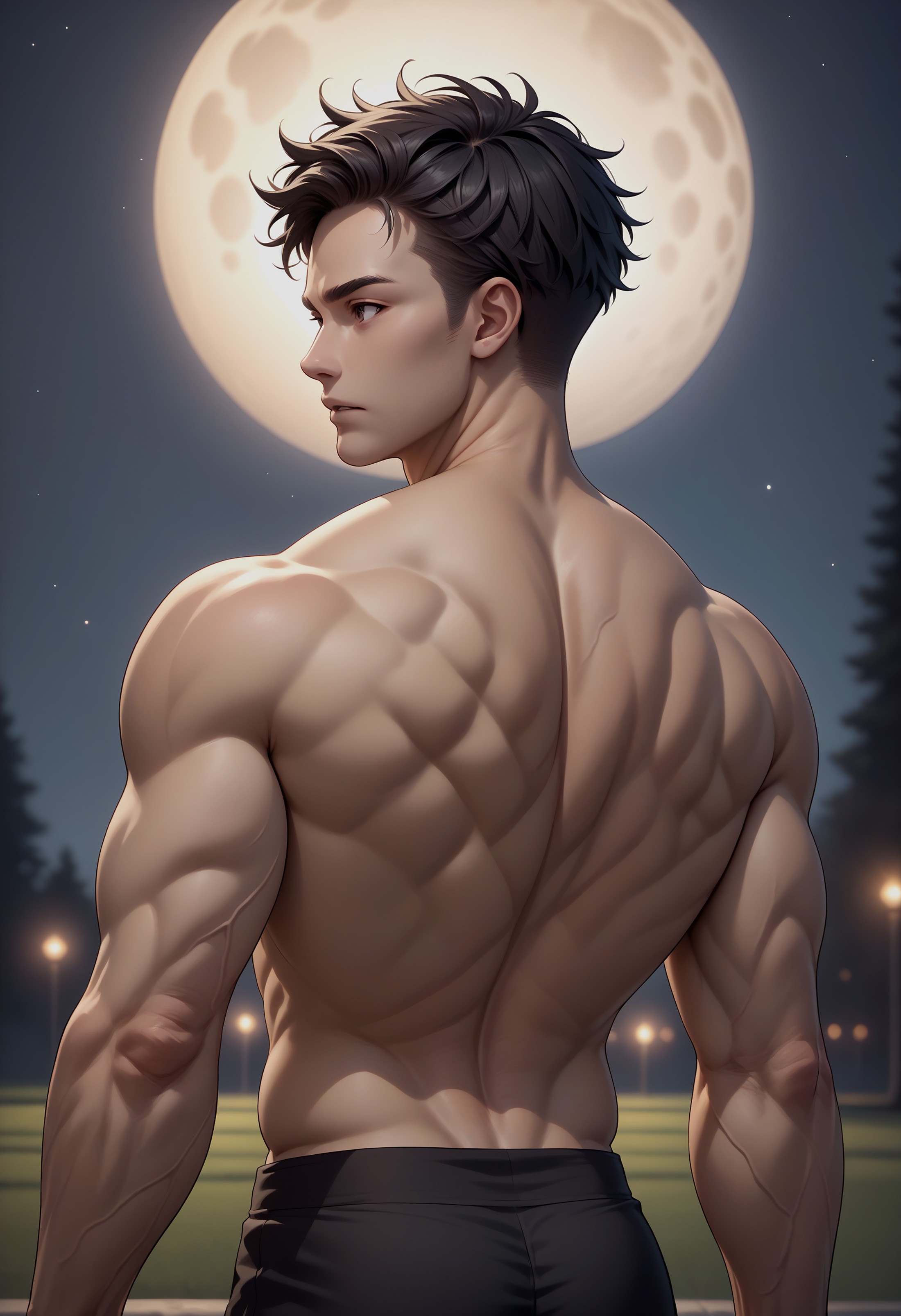 score_9, score_8_up, score_7_up, source_anime, 1boy, solo, muscular, from behind, upper body, muscular back, black hair, s...