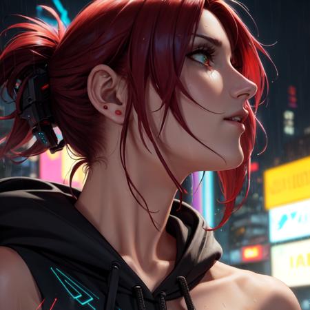 best quality, masterpiece, cinematic, realistic, cyberpunk, cyberpunk city, neon, volumetric lighting, black sky, (raining, thunderstorm), 1girl, (cyberpunk clothing, hoodie, pants, punk clothes), (flowing red hair), water reflecting off ground, ((hidden face)),