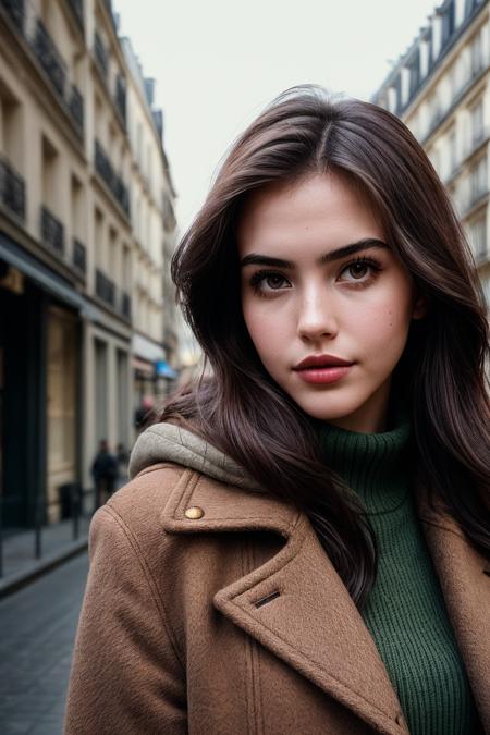 photo of (m1ssb0tez-135:0.99), a woman, perfect hair, posing, (vintage photo, duffel coat), (closeup portrait), (instagram frame), 24mm, (tintype), (analog, film, film grain:1.3), ((in Paris, daylight, gritty)), ((detailed eyes)), (seductive pose), (epicPhoto)