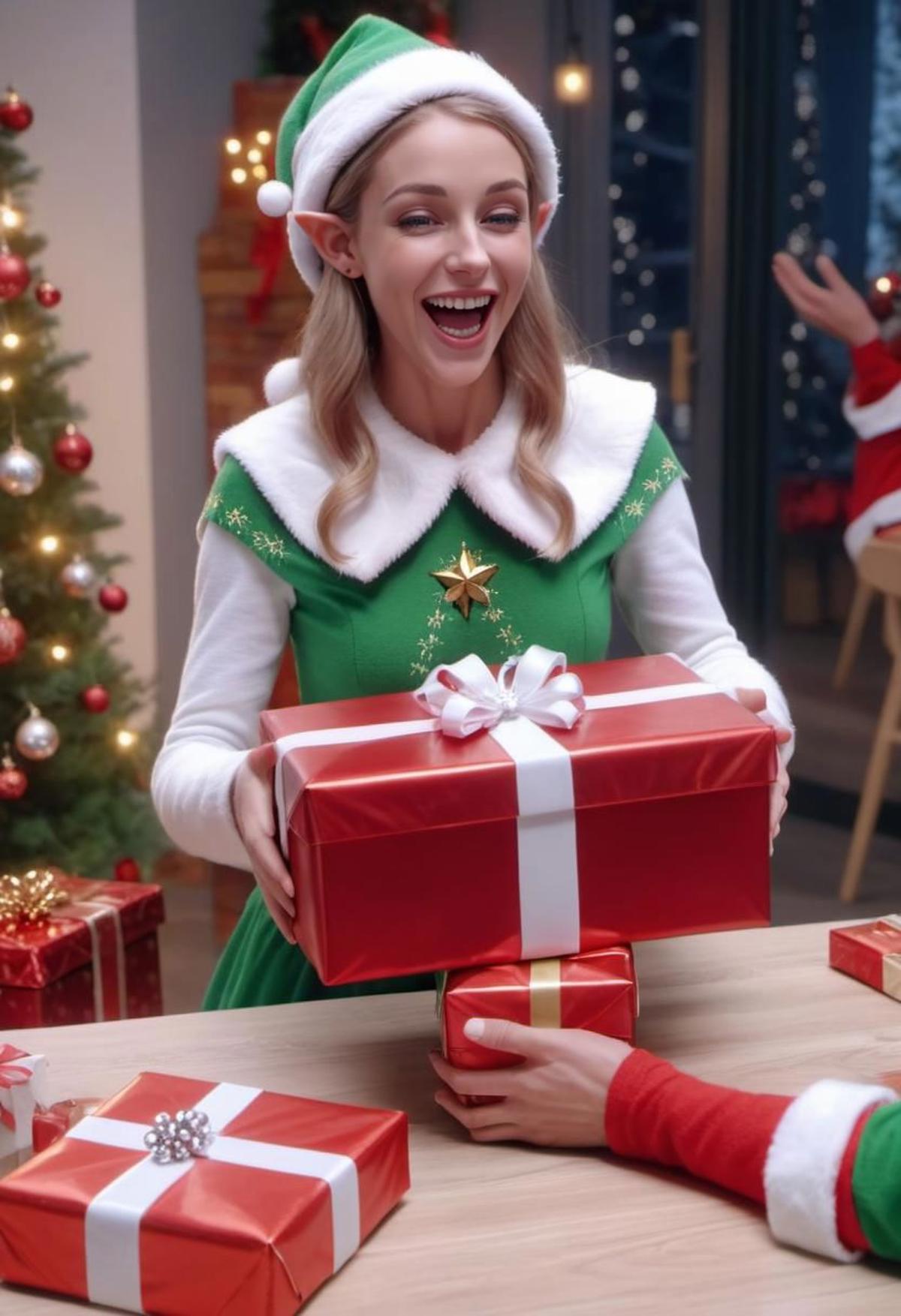 Woman in elf costume holding a red gift box and laughing.