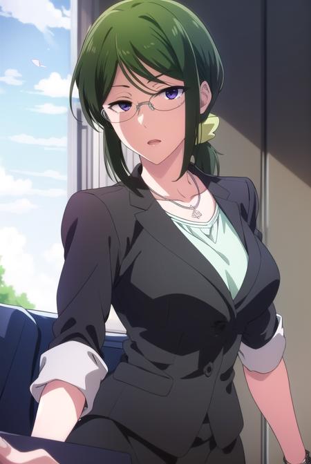 hanakokoyanagi, <lora:hanakokoyanagi-lora-nochekaiser:1>,
hanako koyanagi, green hair, low ponytail, (purple eyes:1.1), glasses,
BREAK skirt, shirt, necklace, office lady,
BREAK looking at viewer,
BREAK indoors,
BREAK <lora:GoodHands-vanilla:1>, (masterpiece:1.2), best quality, high resolution, unity 8k wallpaper, (illustration:0.8), (beautiful detailed eyes:1.6), extremely detailed face, perfect lighting, extremely detailed CG, (perfect hands, perfect anatomy),