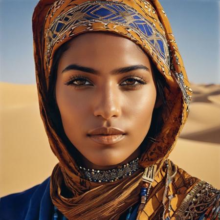 analog, portrait of a beautiful Tuareg woman, showcasing her striking features and traditional attire against the backdrop of the Sahara's sun-drenched dunes, capture her gazing into the distance with a sense of strength and resilience, while adorned in vibrant, indigo-dyed fabrics and intricate silver jewelry, utilize warm, golden lighting to accentuate the rich textures and colors of her garments,  shallow depth of field to focus on her captivating eyes, polaroid, photorealistic