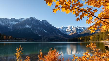 lake, autumn in close, mountains with snow picks in far, best HDR photo, good sharpness