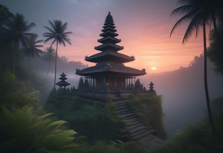 breathtaking beauty of Bali, scenic bali jungle sunset landscape with a temple, perfect composition, Pastell colors, haze, low angle,
shadow Palms, masterpiece, best quality, double exposure, realistic, whimsical, fantastic, splash art, intricate detailed, hyperdetailed, maximalist style, photorealistic, concept art, sharp focus, harmony, serenity, tranquility,
mysterious glow, ambient occlusion, halation, cozy ambient lighting,dynamic lighting, masterpiece, liiv1, linquivera, metix, mentixis, masterpiece, award winning,