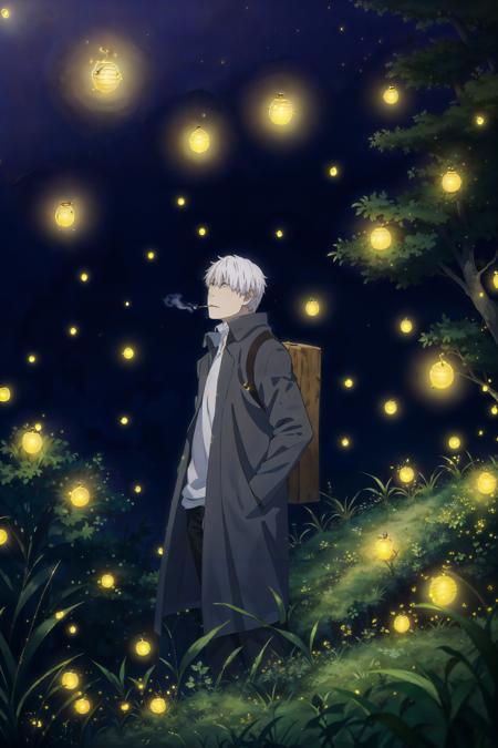 (masterpiece, top quality, best quality, official art, detailed:1.2),<lora:ginko-21:0.7>, ginko_soul3142, solo, 1boy, standing, white hair, male focus, outdoors, coat, night, glowing, grass, looking up, cigarette, hand in pocket, hands in pockets, smoking, fireflies