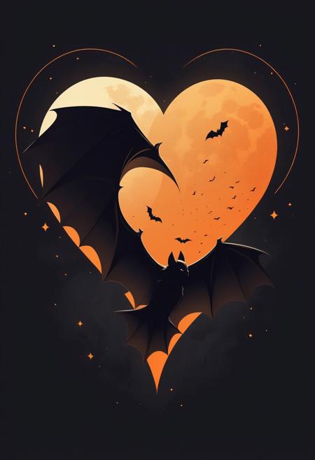 Vector Art, Dramatic Noir Silhouette, Bold Black and Orange Color Palette, (Moonlit Worlds:1.3), Heart-shaped Nebula, (Mystical Bats:1.2), Geometric Celestial Bodies, (Intricate Batwing Patterns:1.2), (Radiant Crescent Moon:1.3), Mesmerizing Geometric Shapes, (Emphasized Chiaroscuro:1.2), Captivating Composition, (Noir Enigma:1.2). simple background logo