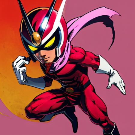 Viewtiful Joe,  red bodysuit, pink scarf, helme with glowing yellow eyes, goatee, white gloves and boots, abs, 
(insanely detailed, beautiful detailed face, masterpiece, best quality) <lora:Joe-09:0.8>