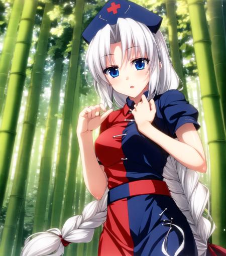 <lora:yagokoro_eirin:1>, 1girl, yagokoro eirin, multicolored clothes, nurse cap, nurse, red dress, blue dress,  bamboo forest, standing, <hypernet:Sazanami Mio:0.9>