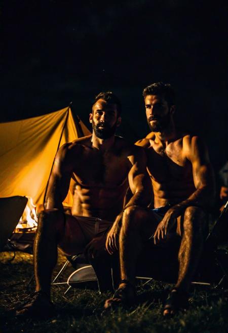 Two hairy chested fit italian men in a campsite, shirtless, sitting in a camping tend, a fire lit in front of the tent, in a dark night, extreme close up photo, moonlight