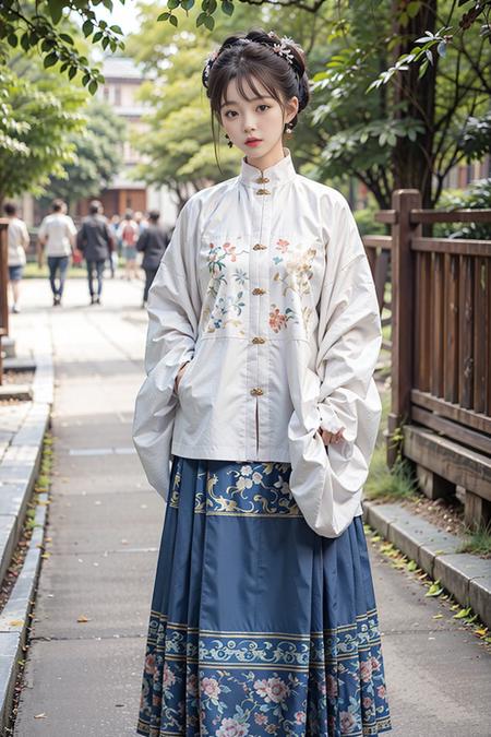 masterpiece, best quality,realistic,realskin,1girl,solo,outdoor,<lora:hanfuMing_v31:0.6>,(hanfu, ming style outfits, white short coat, standing collar, blue mamian skirt)