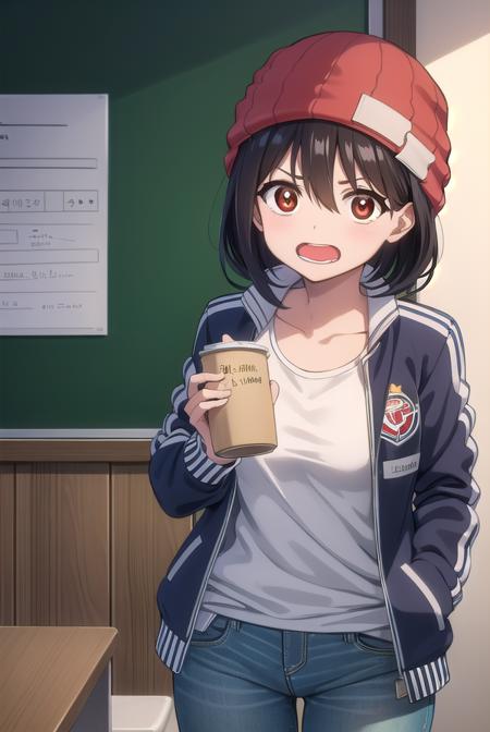 fuukoizumo, <lora:fuukoizumo-lora-nochekaiser:0.8>,
fuuko izumo, black hair, hair between eyes, (brown eyes:1.5), short hair, <lora:wavymouth_type3_v100:1>, open mouth,
BREAK shirt, white shirt, jacket, open jacket, pants, denim, beanie, red beanie,
BREAK looking at viewer,
BREAK indoors, classroom, (cowboy shot:1.5),
BREAK <lyco:GoodHands-beta2:1>, (masterpiece:1.2), best quality, high resolution, unity 8k wallpaper, (illustration:0.8), (beautiful detailed eyes:1.6), extremely detailed face, perfect lighting, extremely detailed CG, (perfect hands, perfect anatomy),