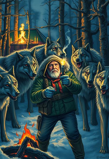 "Image of a tense and dramatic scene, where a man dressed in winter survival gear is surrounded by a pack of hostile wolves. The wolves' eyes glow with an eerie light in the darkness, their fur standing on end as they prepare to attack. The man holds a lit torch, trying to keep the wolves at bay, but they seem undeterred by the flames. The campfire in the background is still burning, casting flickering shadows on the trees, but it's clear that the man's attention is focused on the snarling pack. The image is created with colored pencils, with bold lines and dark shadings that emphasize the danger and tension of the scene. The overall atmosphere is one of fear and survival, with a focus on capturing the intense confrontation between the man and the wolves. Style: dramatic, intense, and suspenseful, with a focus on capturing the primal fear of being surrounded by predators." Highest-Quality, 4k