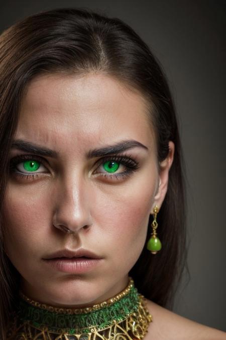 A close-up portrait of a young woman with olive skin, dark eyebrows, and striking green eyes. She appears to be wearing ornate jewelry and has a serious, intense expression on her face