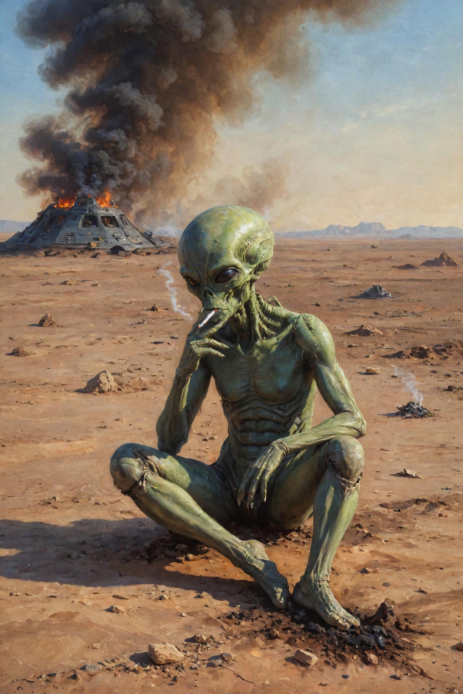 A skeletal alien creature sitting in the desert smoking a cigarette.