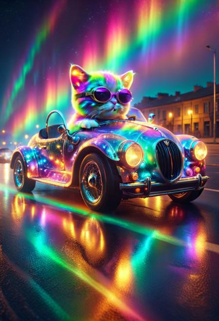 morph-aurora, cute small classic sports car, cat driving on, wear round goggles, wear animal ears helmet, extreme closeup shot, from side, run through on city road, (rainbow Aurora texture:1.3), cinematic, cinematic lighting, (masterpiece, best quality:1.4), ultra-high res, 4k, insanely detailed, sfw,