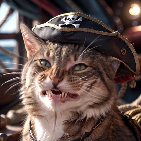 (closeup cinematic),a pirate cat wearing a pirate hat, battlefield, ship, 2D, colorful, dark atmosphere, scrunge