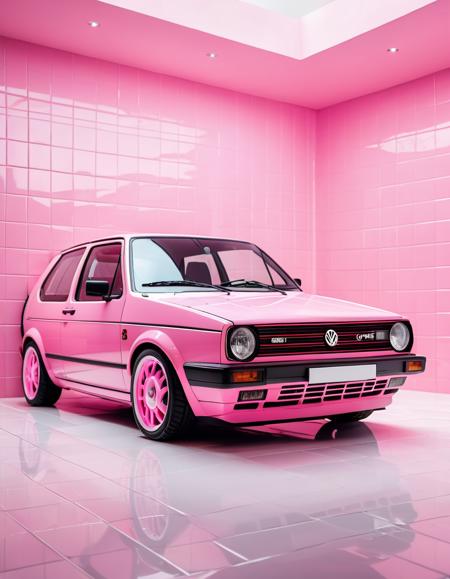 All white tile room, pink Volkswagen Golf Mk2 GTI, perfect pink, bright lighting, pastel colors, insanely detailed, fine details, 8k, ultra realistic, commercial photography, professional color grading,  <lora:add-detail-xl:1>