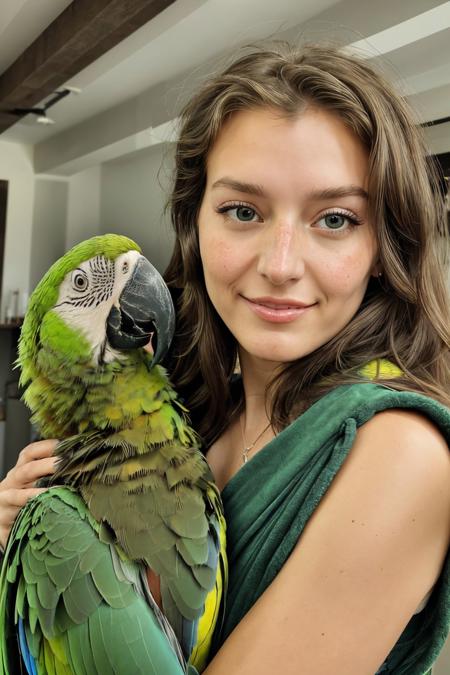 photo of <lora:sd15_JessicaClements_v1:.9> JessicaClements with a green parrot on her shoulder