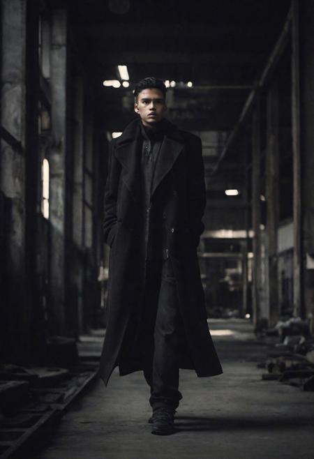 tyson_dayley <lora:tyson_dayley-08:0.75> , urban gritty location, posing in an industrial setting with steel beams,  Lenar Karim, natural lighting, dramatic directional lighting, bold confident mood, black and white Peter Lindbergh photography