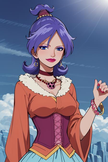 (masterpiece), best quality, (semi-realistic:1.4), absurdres, incredibly absurdres, arbell_onepiece, 1girl, blue eyes, makeup, lipstick, smile, ara ara, solo, breasts, hair ornament, jewelry, ponytail, earrings, choker, necklace, bracelet, short hair, skirt, dress, corset, outdoors