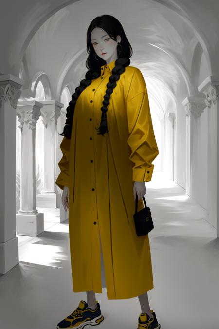 (a woman in a yellow coat holding a cell phone), (monochrome), sketch, (hand well), (finger well), (long braided hair), (bangs), with in frame, ultra-detailed, 8k, masterpiece, beautiful detailed face, (volumetric lighting), beautiful detailed eyes, (ambient light), realistic shadows, (fullbody:1), (1girl), (cowboy shot), looking at viewer, perfect body, body well:1, leg well:1, arm well:1 