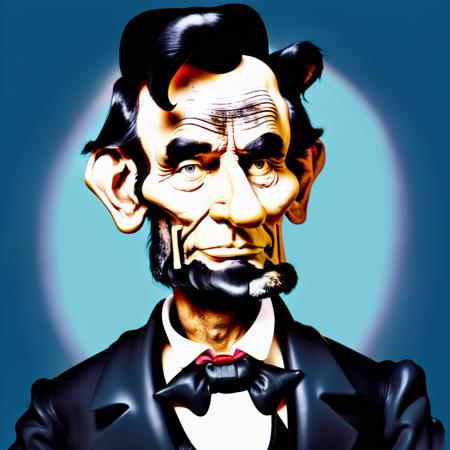 Caricatures style picture of Abraham Lincoln,beard,bowtie,solo,portrait,simple background,looking at viewer,realistic,shirt,monochrome,greyscale,white background,sketch,upper body,nose,collared shirt,traditional media,jacket,white shirt,thick eyebrows,formal,parody,old man,<lora:CaricaturesInpaintTDXLv1a:1.15>,