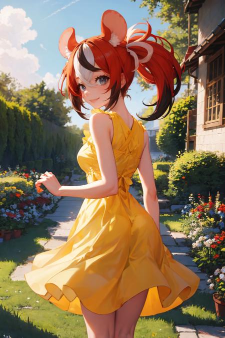 masterpiece, best quality, absurdres, 1girl, 1boy, HakosBaelz, twintails, from behind, (yellow sundress), garden, day, sunshine, smile, looking back, <lora:HakosBaelz:1>