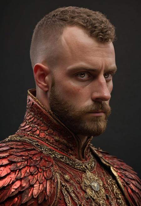 winged hussars, ornate brass stylized wings on back of man, 2 large hussar wings behind back, undercuthaircut, Photorealistic oil painting of (Handsome:1.1) (Polish) (Irish) (Slavic) (bright sapphire eyes) (half-dragon warrior-prince:1.2) with (intricate metallic red brass scales seamlessly melded into arm and neck:0.9), 18-year-old, (darkblonde undercut short hair:1.1), (medieval fantasy clothing:1.2), grimdark fantasy, (medieval) fantasy, high fantasy, epic fantasy, (upper body:1.3) (medium shot:1.3) taken with (fujifilm xt3:1.1), film grain, dark style, raking light dramatic hard shadows, (dramatic lighting:0.9), material contrast, cinematic composition, intricate details, masterpiece, visually stunning, evocative, vivid deep hues, brass, red Crystal, (body transformation:1.2), <dhevv:ds-style:rsd1.5>, realistic eyes, scaleborn, scales, undercut, royal, red armor, symmetrical armor, large nose, wide nose, wide nosebridge, tallnose, dour expression, full beard,