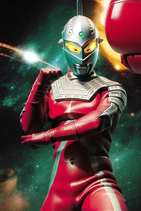 Best quality, masterpiece,
1boy, <lora:UltraSeven:1>, UltraSeven, astronaut, bodysuit, colored_skin, giant, gloves, glowing, helmet, pilot_suit, red_bodysuit, red_gloves, space_helmet, spacesuit, yellow_eyes, realistic, solo,
a giant in city, fighting stance,