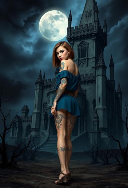 Digital fantasy artwork depicting a human female with fair skin and short, straight, brown hair, she has blue eyes and is wearing heavy makeup, including dark eyeshadow, eyeliner, and pink blush, wearing a short blue tunic revealing mystical tattoos on her arms and legs. She has medieval sandals on her feet. She is walking away from a towering, intricately designed gothic castle is set against a dark, stormy sky with a full moon. The castle has a weathered, ancient appearance, giving it a mystical and eerie ambiance. The structure is surrounded by a barren, desolate landscape. The overall mood is dark