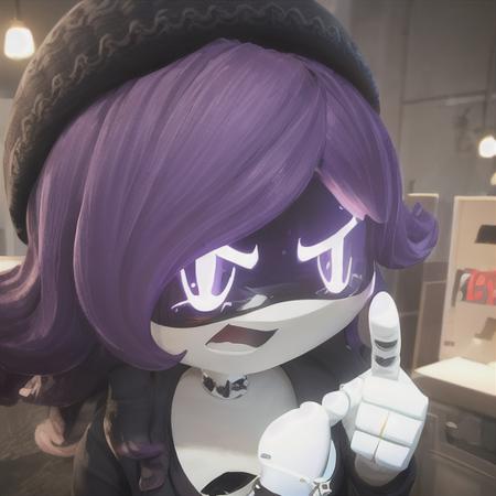 (8k uhd, masterpiece, best quality, high quality, absurdres, ultra-detailed, detailed background) Uzi, worker drone, android, close up, purple eyes, pointing toward the viewer, angry, good lighting, suburban interior,  <lora:Murder-DronesV3:0.9>