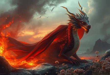 "Create a captivating, high-definition digital illustration, inspired by the golden ratio, featuring a Dragon Queen with a tragic backstory. Set the scene on a land of frozen flames, with a looming, long-caped creature in a red, brown, and white color scheme, inspired by Abidin Dino's art style. The Dragon Queen, who is a BBW, should be crowned, with delicate features and a pointed chin. The image should be featured on Art Station and AmiAmi, with a dynamic, dramatic, cinematic lighting and an arthouse feel reminiscent of Henri Cartier-Bresson's work. Consider incorporating elements such as distant realistic mountains, an ocean, and a field of flowers, rendered using Octane, Maya, and Blender, with a 2D game art or concept art feel."